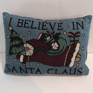 Vintage Christmas Tapestry Accent Pillow "I Believe in Santa Claus" 12"×8" Blue
